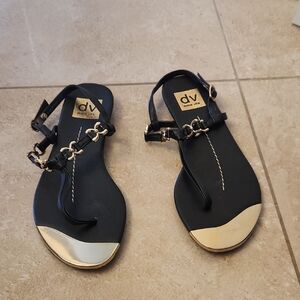 DV by Dolce Vita Women's Patent Sandals in Black With Gold Chain Detail And Toe.